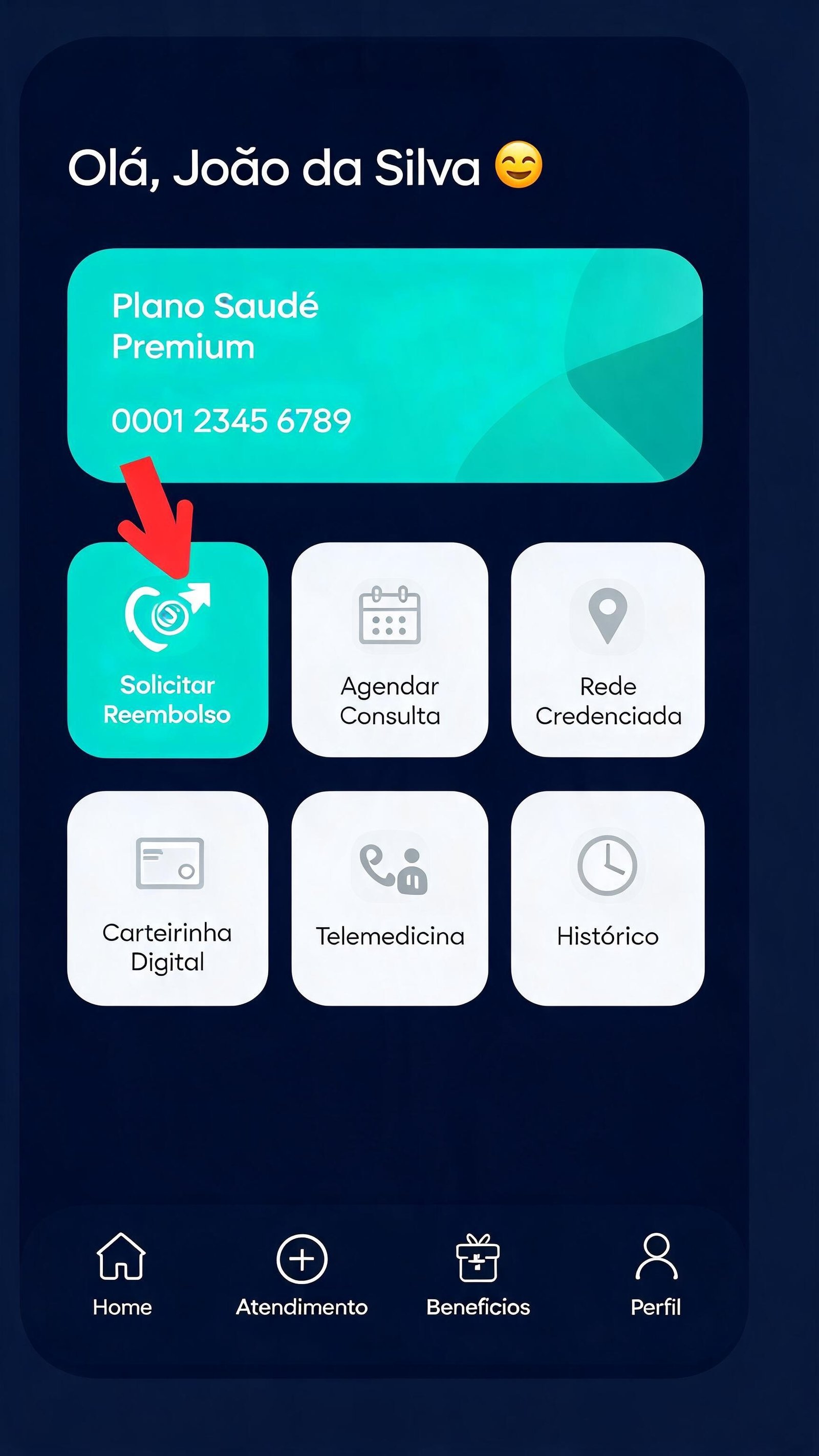 Ilustração da tela inicial de um aplicativo de saúde com o botão Solicitar Reembolso destacado por uma seta vermelha