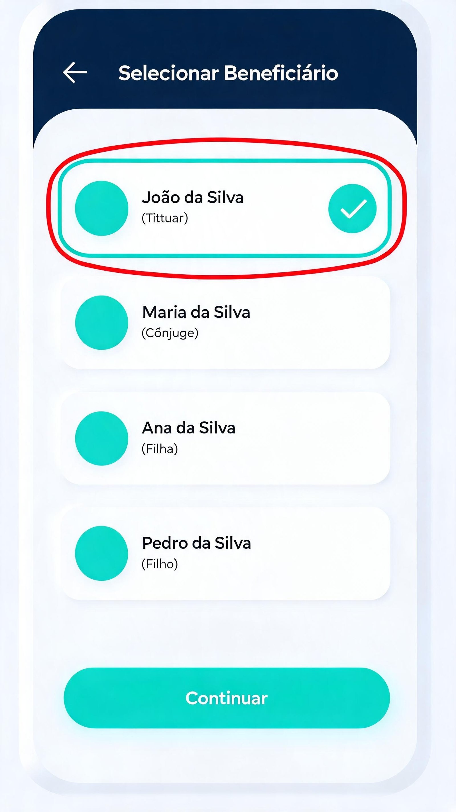 Ilustração da tela de seleção de beneficiário com lista de nomes fictícios e ícone de checkmark