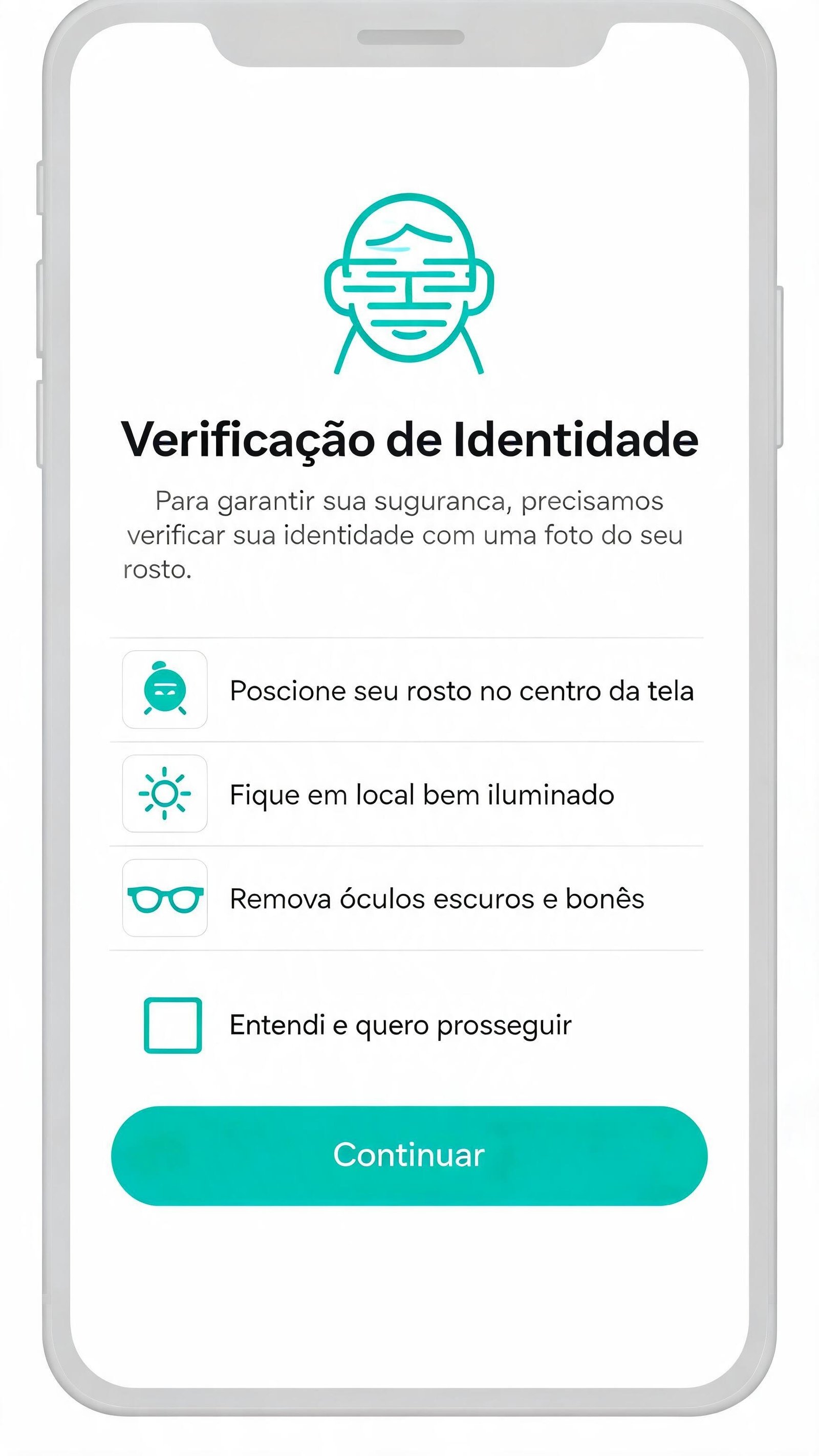 Ilustração da tela de consentimento para validação facial com ícone de rosto e instruções em texto