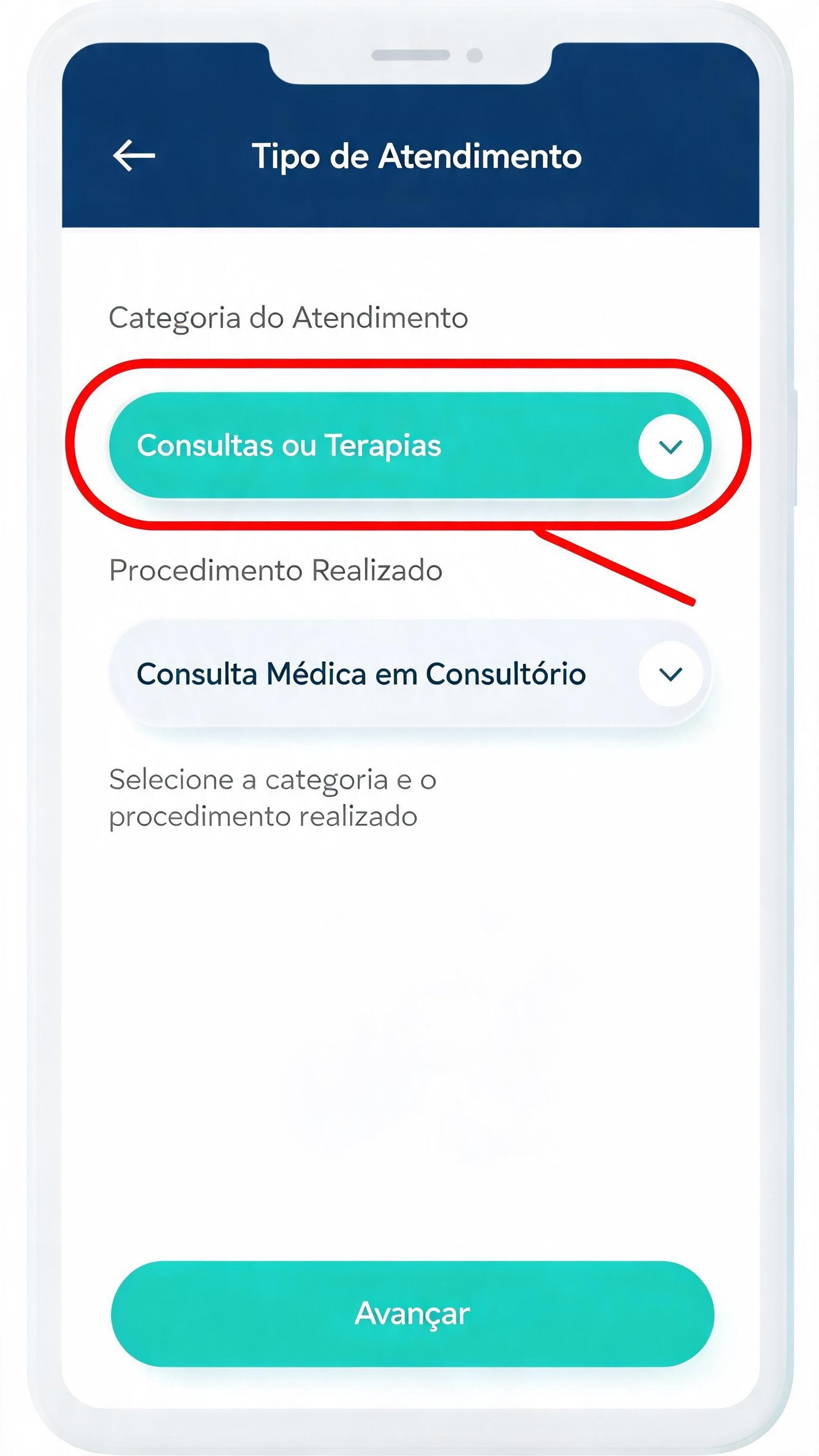 Ilustração da tela de seleção do tipo de atendimento com dois campos dropdown — categoria e procedimento