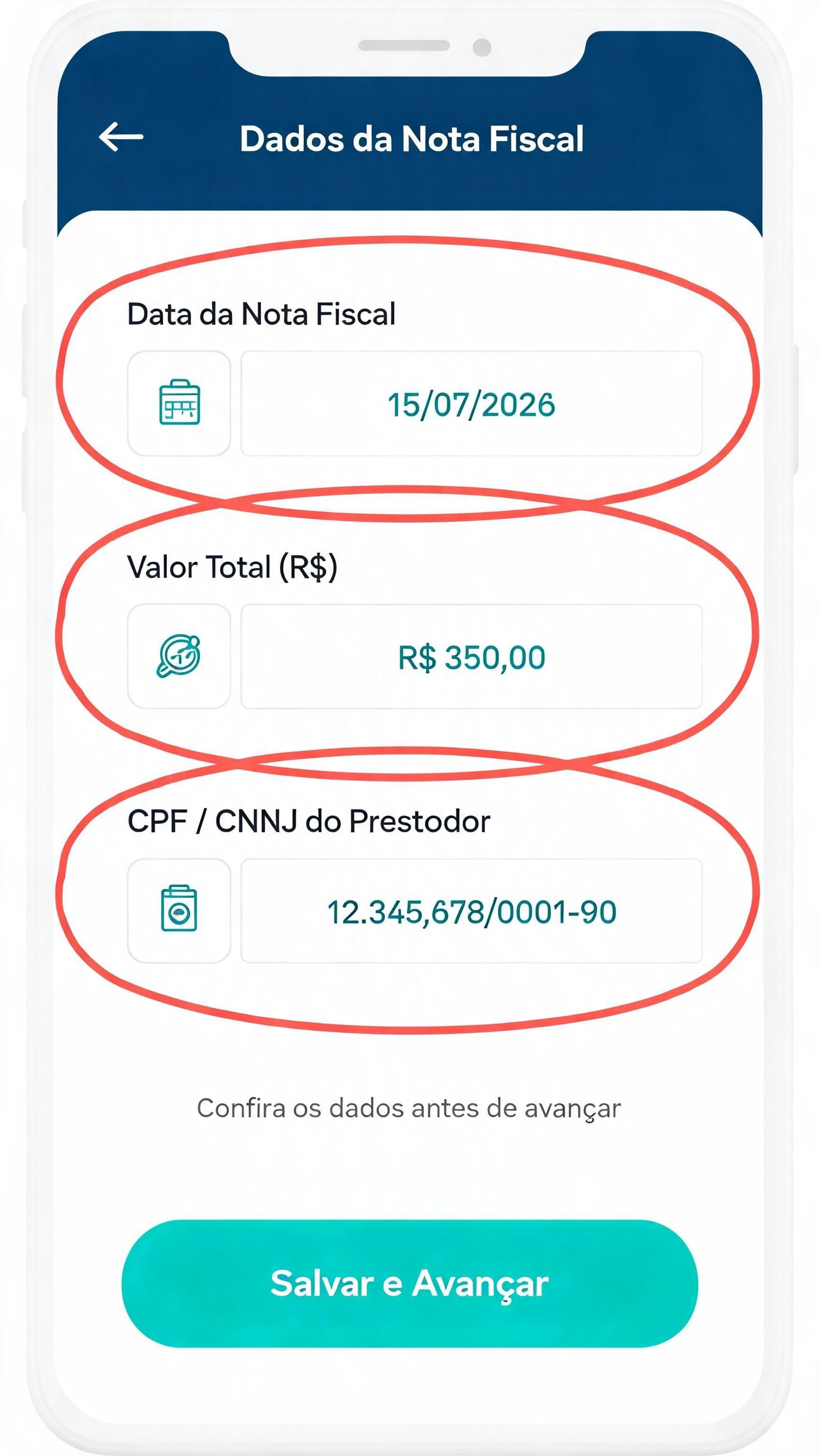 Ilustração do formulário de preenchimento da nota fiscal com campos de data, valor e CPF ou CNPJ do prestador