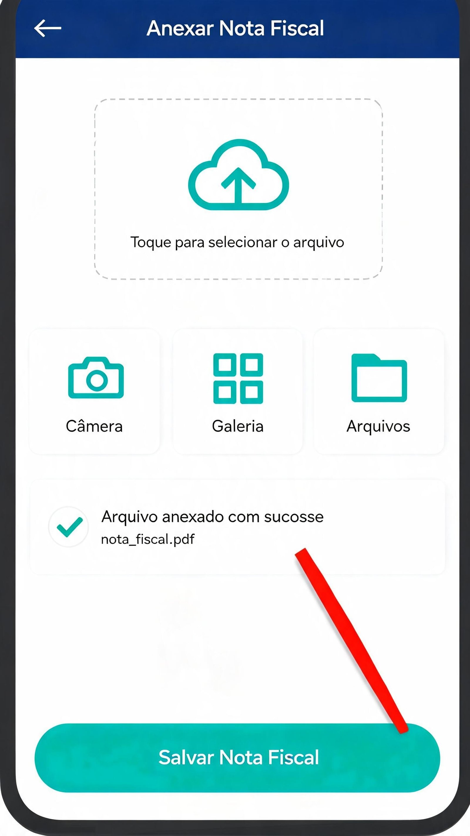 Ilustração da tela de upload da nota fiscal com área de upload, três opções de origem do arquivo e confirmação verde de anexo