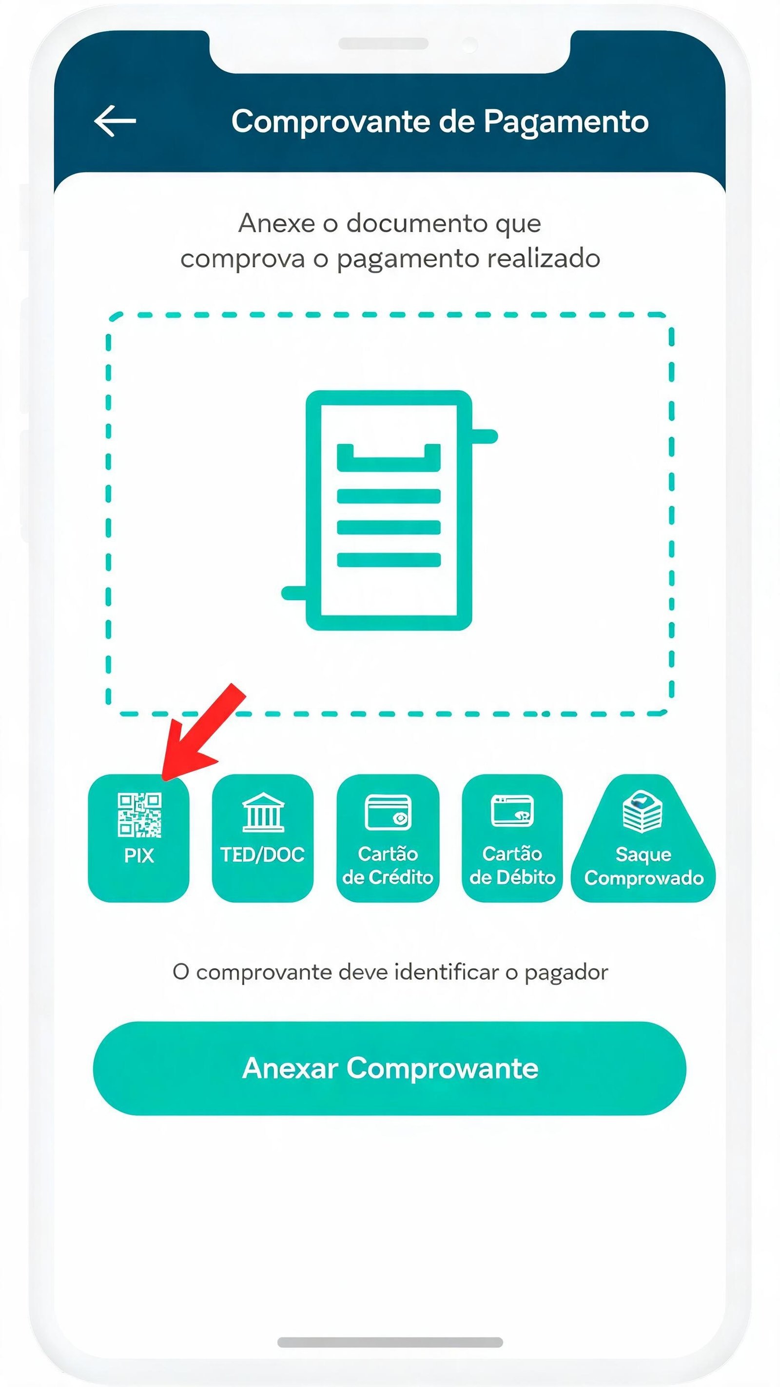 Ilustração da tela de comprovante de pagamento com área de upload e grid com os tipos aceitos: PIX, TED, Cartão de Crédito, Cartão de Débito, Saque