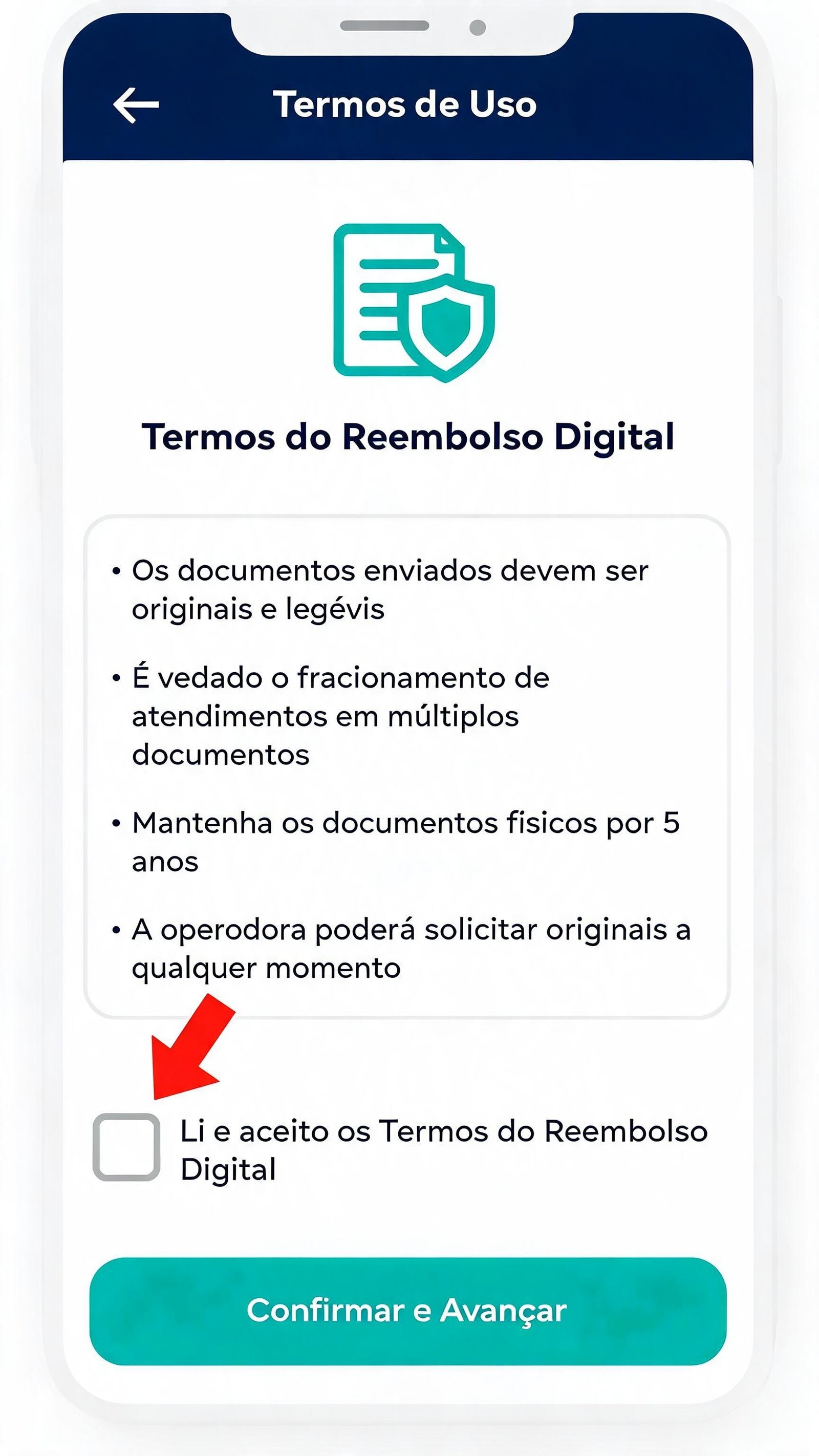 Ilustração da tela de termos de uso do reembolso digital com área de texto rolável e checkbox de aceite