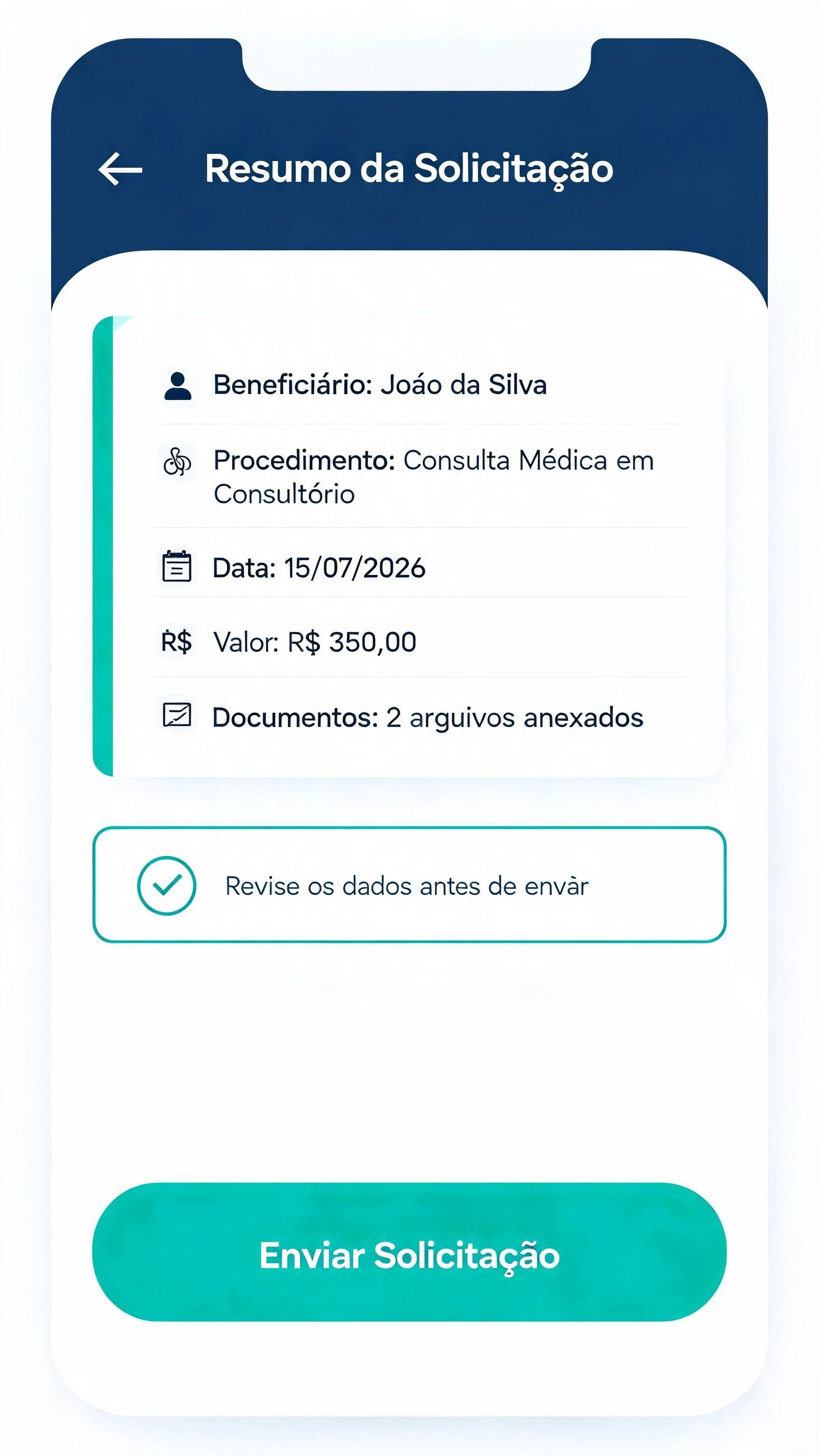 Ilustração da tela de revisão com card resumo mostrando beneficiário fictício, procedimento, data, valor e quantidade de documentos anexados