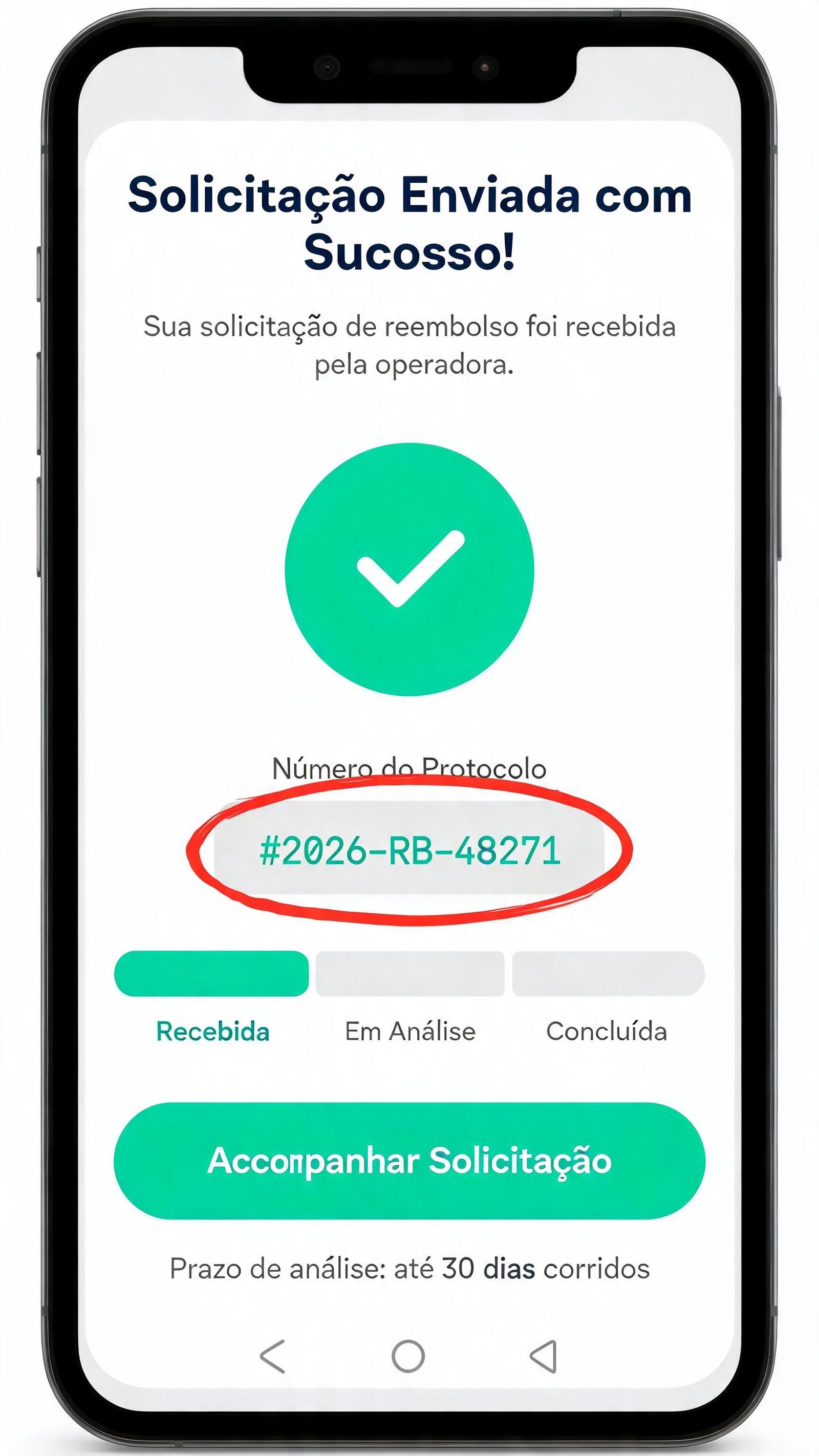 Ilustração da tela de confirmação de envio com ícone de check verde, número de protocolo fictício e barra de progresso em três etapas