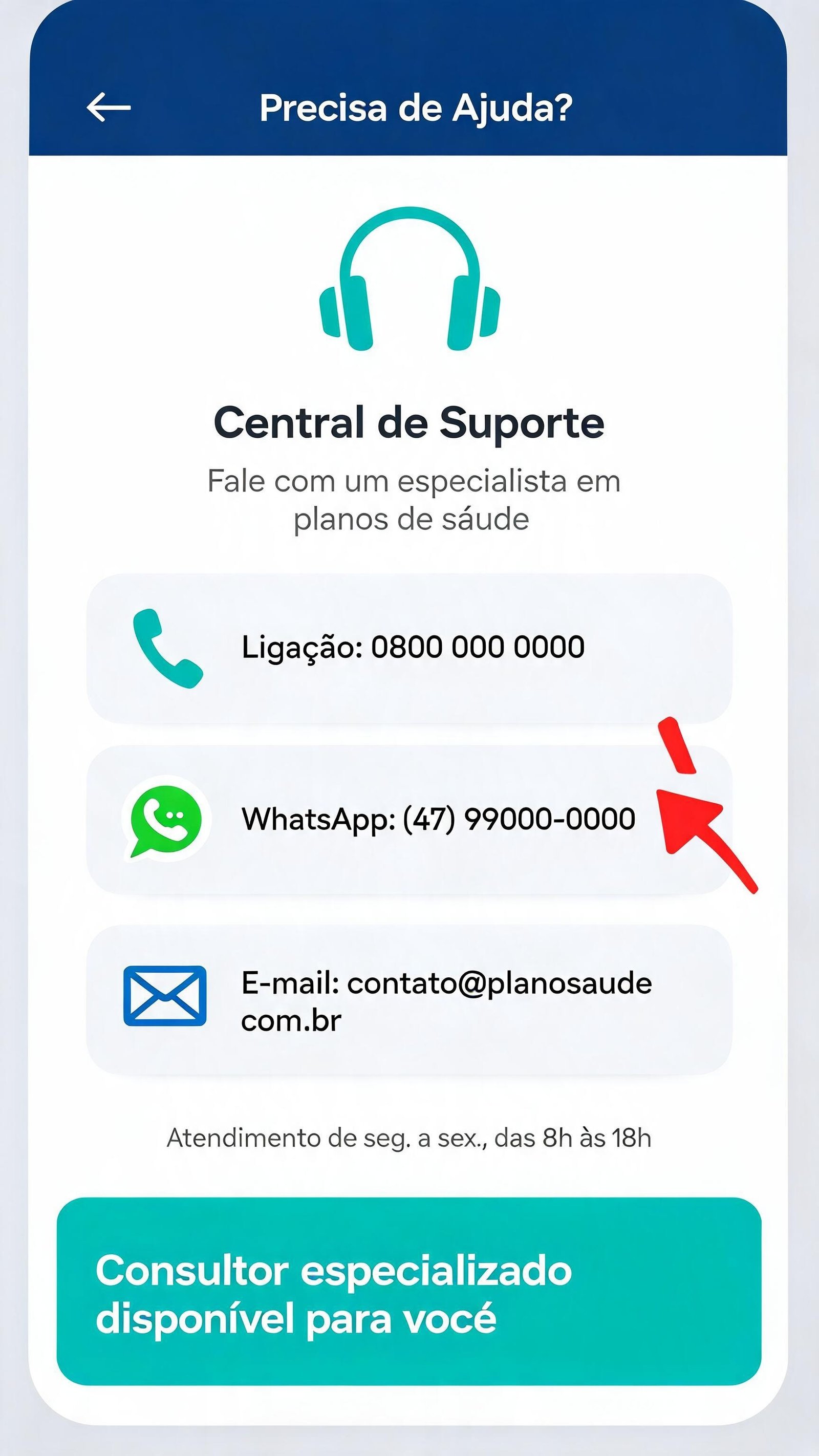 Ilustração da tela de central de suporte com três opções de contato: ligação, WhatsApp e e-mail — com dados fictícios